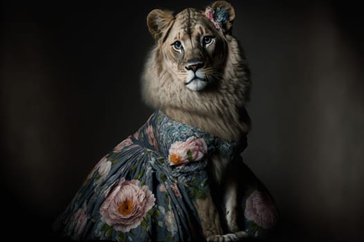 Lion wearing a pretty historic dress against dark background. Generative AI