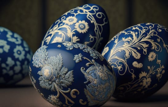 Decorated Easter eggs in blue and gold. Generative AI