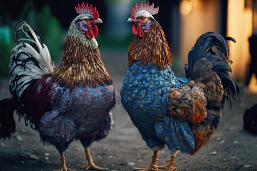 Chicken wearing pretty dresses. Generative AI