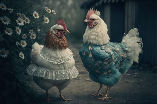 Chicken wearing pretty dresses. Generative AI