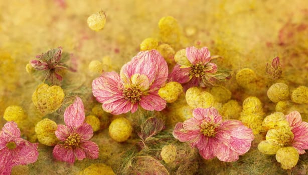 Background with beautiful yellow and red flowers with texture. Generative AI