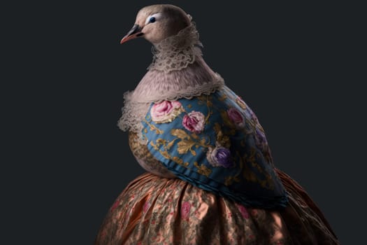 Dove wearing a pretty historic dress against dark background. Generative AI