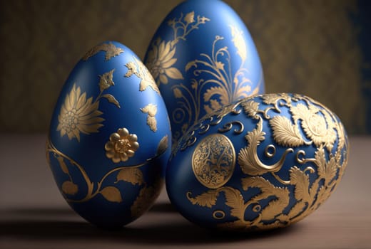 Decorated Easter eggs in blue and gold. Generative AI