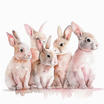 Pink watercolor bunnies on white. Generative AI