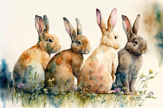 Four watercolor bunnies and flowers. Generative AI