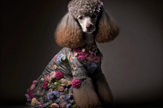 Apricot Poodle wearing a pretty dress and flowers against dark background. Generative AI