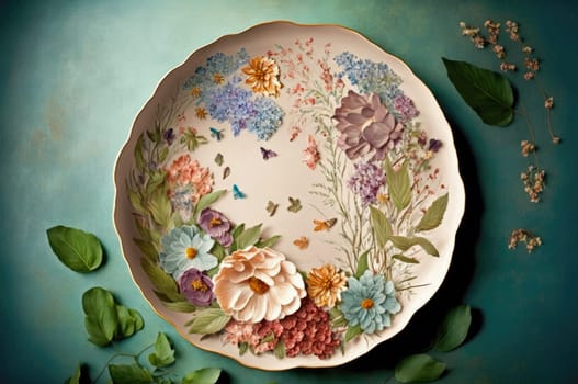 Plate with flowers on green background. Generative AI