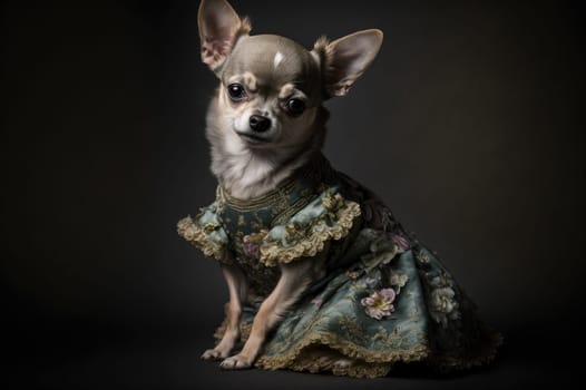 Chihuahua wearing a pretty historic dress against dark background. Generative AI