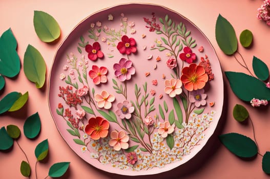 Plate with flowers on pink background. Generative AI