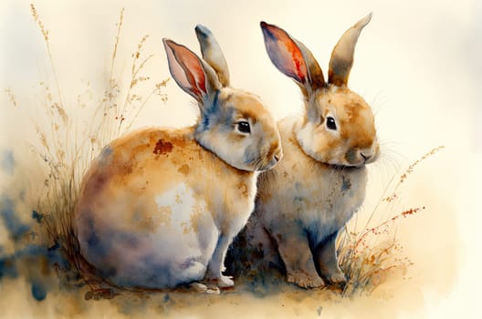 Two watercolor bunnies and flowers. Generative AI