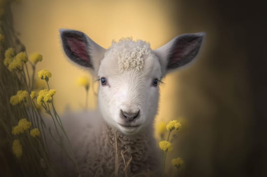 Cute white lamb in nature on a meadow with yellow flowers looking at camera. Generative AI