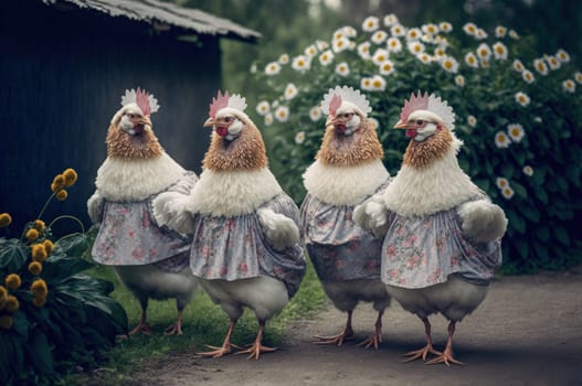 Chicken wearing pretty dresses. Generative AI