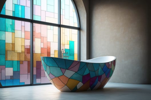 Bathtub made out of stained glass in a modern bathroom with big windows. Generative AI