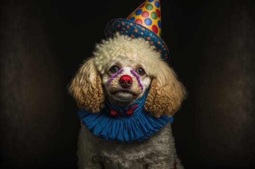 Dog dressed as a clown looking at camera. Generative AI