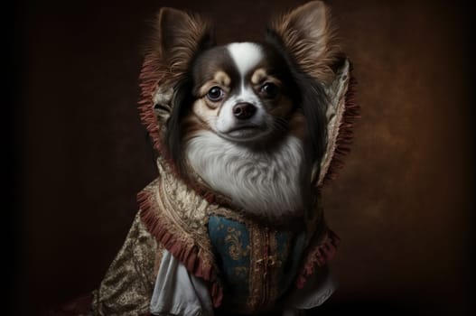Dog wearing a pretty dress against dark background. Generative AI