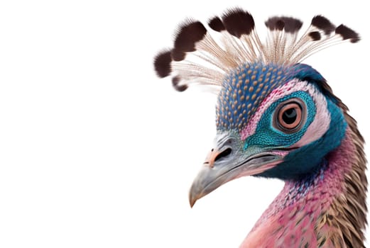 Pink peacock head isolated on white background. Generative AI