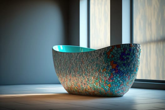 Bathtub made out of stained glass in a modern bathroom with big windows. Generative AI