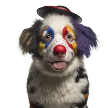 Australian shepherd dog dressed as a clown looking at camera. Generative AI