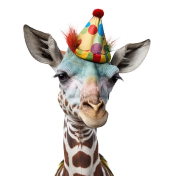 Giraffe dressed as a clown looking at camera. Generative AI