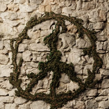 Ivy plant as a peace sign on a rustic stone wall, 3d rendering