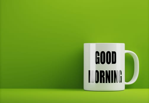 White mug with the inscription Good Morning on an green background, good vibes or feeling, positive thinking concept, morning start, 3d rendering