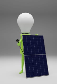 A light bulb with a Solar generator ready to plug in on a grey background, alternative energy concept, 3d rendering