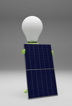 A light bulb with a solar panel on a grey background, alternative energy concept, 3d rendering