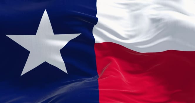 The Texas state flag fluttering in the wind. Blue vertical stripe with white star, white and red horizontal stripes. 3D illustration render. Close-up. Rippled textile background
