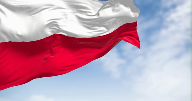 The national flag of Poland waving in the wind on a clear day. Two horizontal stripes of equal width: white on top and red on the bottom. 3d illustration render. Rippling textile