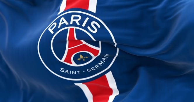 Paris, FR, march 2023: Paris Saint Germain football club waving in the wind. Paris Saint Germain is a professional football club based in Paris, France. Illustrative editorial 3d illustration render