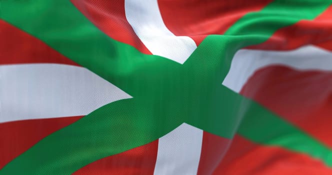 The Basque Country flag waving. Autonomous community in northern Spain. White cross over a green saltire on a red field. Selective focus. 3d illustration render. Close-up. Textured background