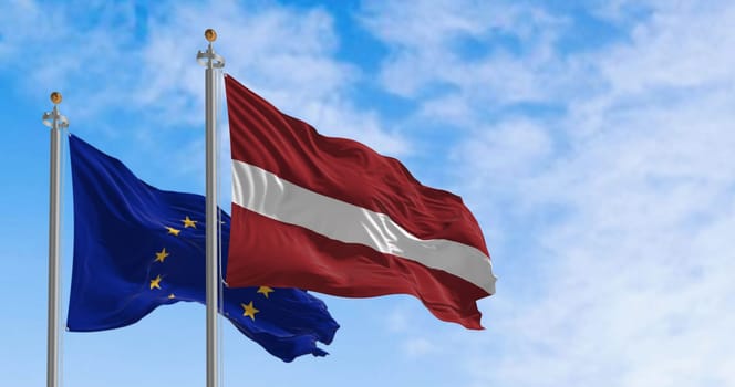 The flags of Latvia and the European Union fluttering together on a clear day. Latvia became a member of the European Union on 2004. 3d illustration render. International treaty and diplomacy