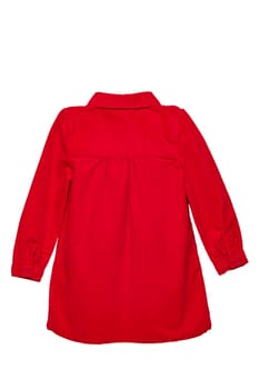 Summer dress isolated. A beautiful red girl's dress with attached heart shaped pockets and long sleeves isolated on white. Kids spring and autumn fashion. Back view.