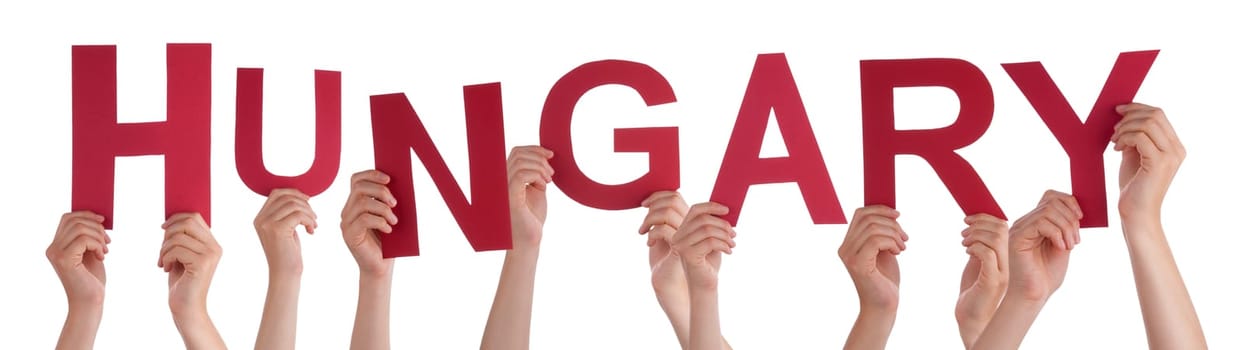 People Or Persons Hands Building English Word Hungary. Isolated White Background.