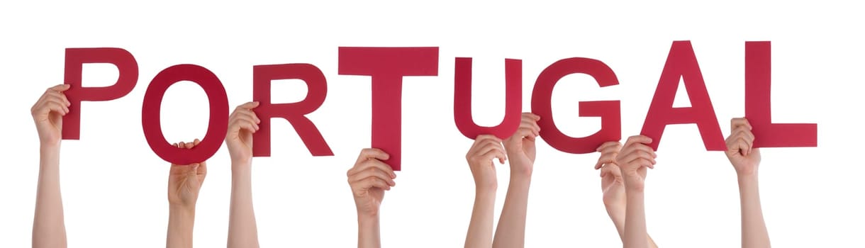 People Or Persons Hands Building English Word Portugal. Isolated White Background.