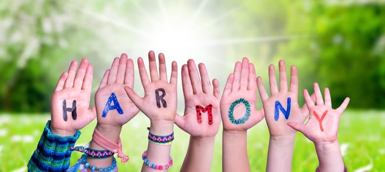 Children Hands Building Colorful English Word Harmony. Sunny Green Grass Meadow As Background.