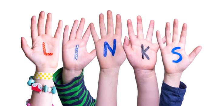Children Hands Building Colorful English Word Links. Isolated White Background.