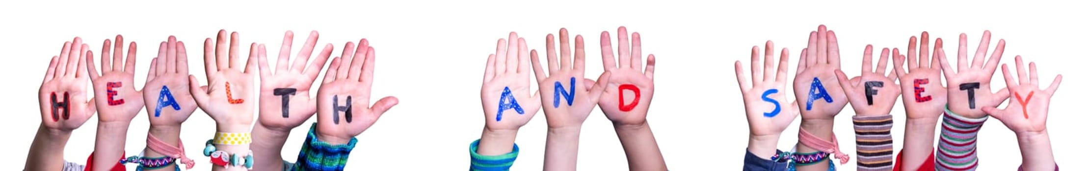 Children Hands Building Colorful English Word Health And Safety. Isolated White Background.