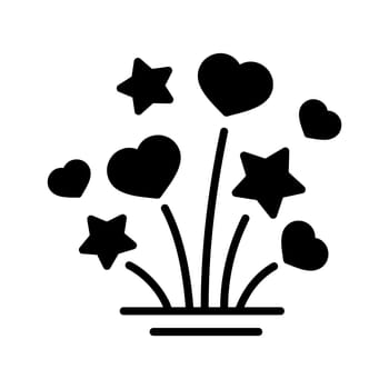 Fireworks explosion splash with stars and hearts isolated glyph icon. Vector illustration, romance elements. Sticker, patch, badge, card for marriage, valentine