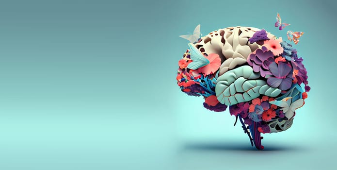 Human brain with flowers and butterflies, self care and mental health concept, positive thinking, creative mind, generative AI