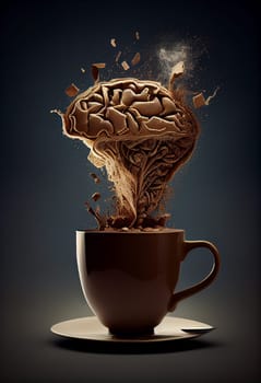 Cup of coffee with a splash like a brain, creative and innovative mind, explosion of ideas, brainstorming for solutions, generative AI