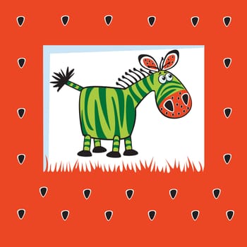 cute fruity zebra like watermelon,children vector illustration on red background,design for babies and little kids