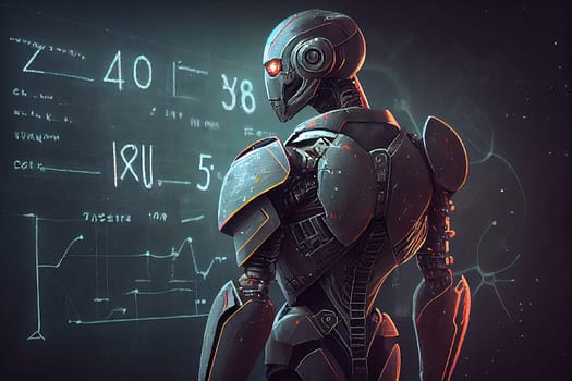 Artificial intelligence robot in front of a chalkboard, cyborg replacing human teacher, futuristic technology, generative AI