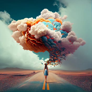 Woman connected to a huge colorful cloud, open minded, positive optimistic attitude, hope and emotion concept, generative AI