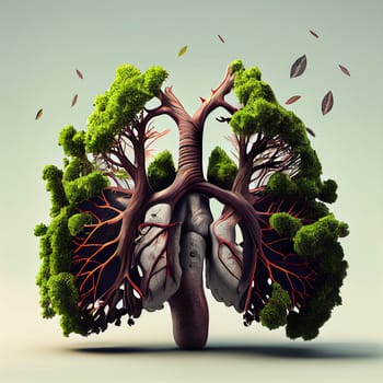 Green lung in the forest, trees for fresh healthy breathing air, environment concept, connect to nature, generative AI