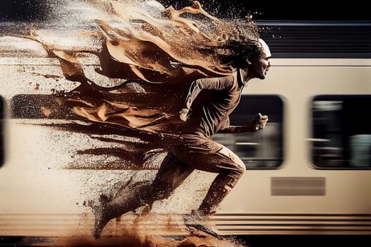 Man made from coffee splashes is running with high speed next to the train, time pressure, caffeine energy, being in a hurry for work, generative AI