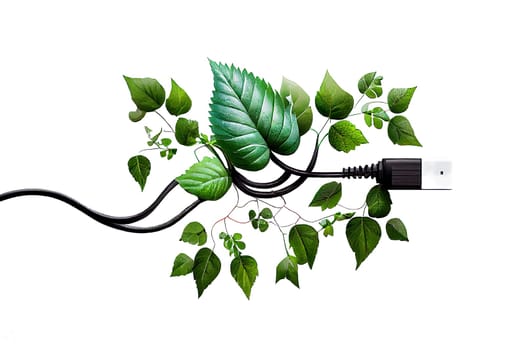 Green electricity, USB port with leaves, sustainable renewable energy, csr concept, environment protection, eco technology, generative AI