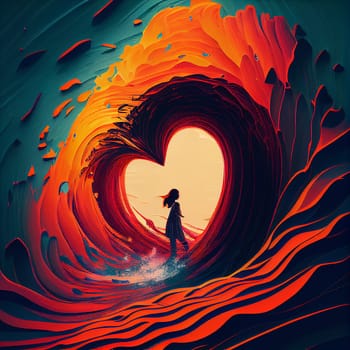 Colorful wave around woman, vibrant colors, ocean of love, positive attitude, heart of in the middle, generative AI