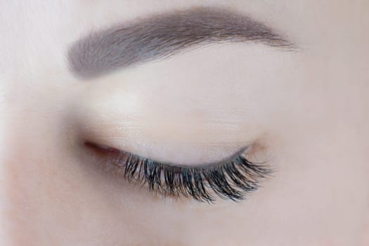 Close-up of closed eye with long magnificent eyelashes, black eyeliner, healthy skin, ideal eyebrow of unrecognizable young woman. Macro. Lash extension, beauty procedures, cosmetology, microblading.