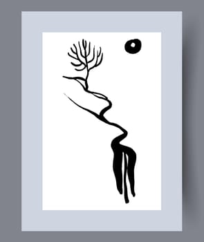 Landscape full moon evening tree wall art print. Printable minimal abstract full moon poster. Wall artwork for interior design. Contemporary decorative background with tree.